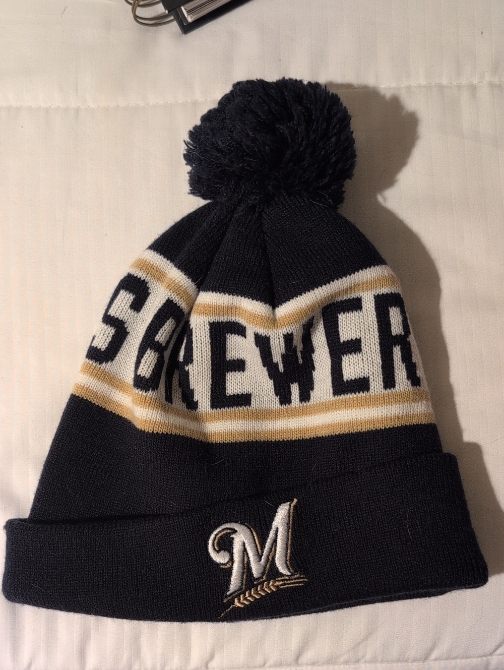 Genuine Merchandise Navy, Gold & White Pom Knit Beanie - Brewers